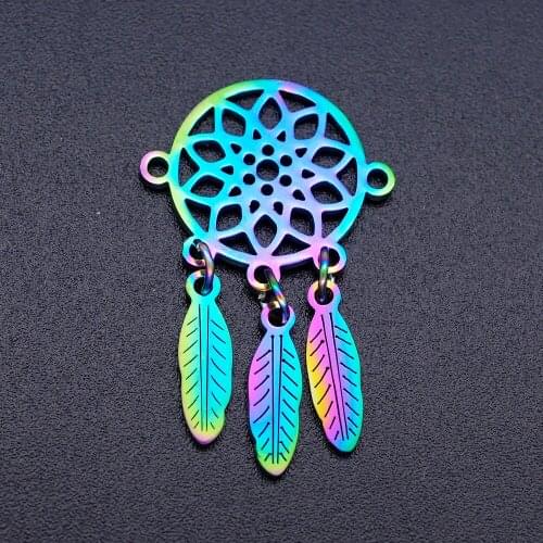 5pcs/lot 100% Stainless Steel Bohemia Dream Catcher diy Connector Charms With Rainbow Plated Wholesale Connectors for Necklace