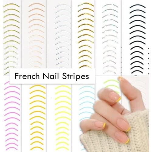 50pcs French Nail Stripes Gold Silver Black White Fluorescent Lines Adhesive Sticker Decals for Nail Art Decoration Manicure