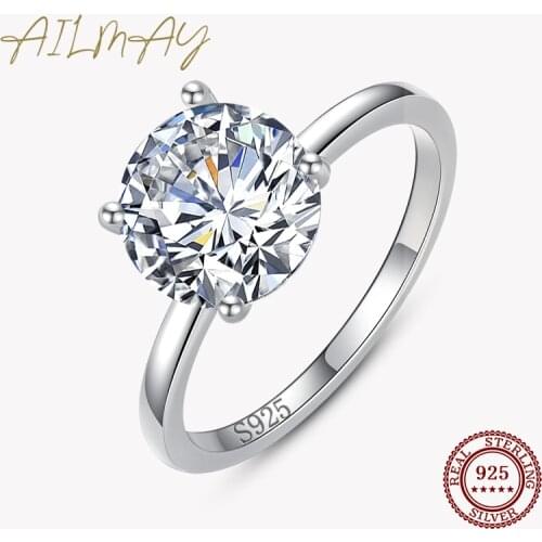 Ailmay 925 Sterling Silver Pure Love 3ct Round Clear Zirconia Finger Ring for Women Wedding Engagement Jewelry Birthday Gift