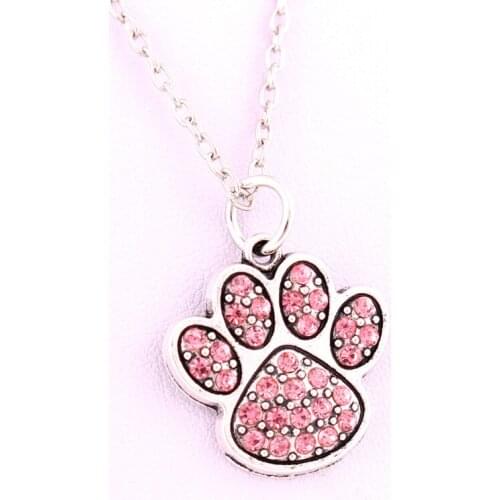 Shiny Rhodium Pink Crystals Paw Print Charm Link Chain Pendant Necklace Fashion Jewelry 3pcs lot