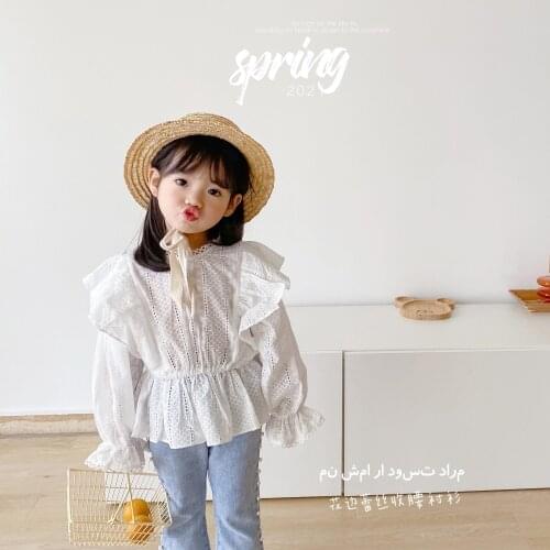 Girls Blouse Spring 2021 Girls Waist Lace Shirt Kids Shirt Long Sleeve Toddler Blouses Cotton White Blouse Shirts For Baby Girls