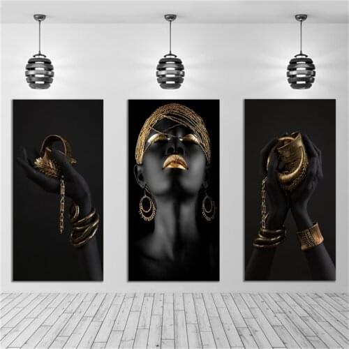 Big Size Hotsale Golden Black Woman Canvas Painting Wall Art Printed Digital Photo Prints Home Wall Decoration Pictures Unframed