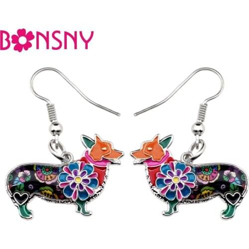 Bonsny Enamel Alloy Floral Welsh Corgi Pembroke Dog Earrings Dangle Drop Long Fashion Ladies Jewelry For Girls Women Teens Gifts