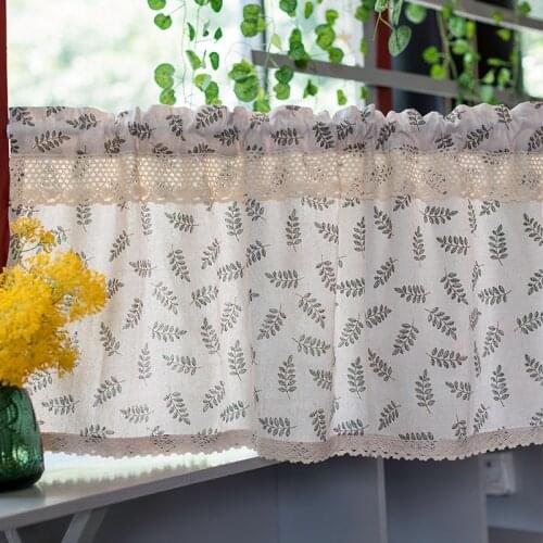 Rustic American Style Cotton and Linen Short Kitchen with Lace Leaf Print Curtain Decorative Cabinet Curtain Half Curtain