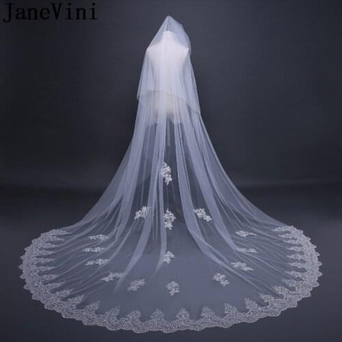 JaneVini Beaded Wedding Long Cathedral Veil With Comb Shiny Ivory Sequin Lace Edge Bride Veil Two-Layer Bridal Veils Accessories