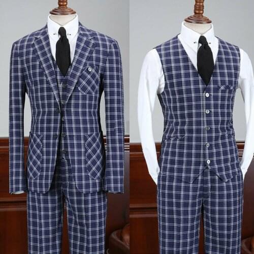 Blue Small Plaid Men Suits Notched Lapel Groomsman Groom Party Formal Tuxedos Slim FIt Blazers Custom Made 3 Pieces Coat+Pants