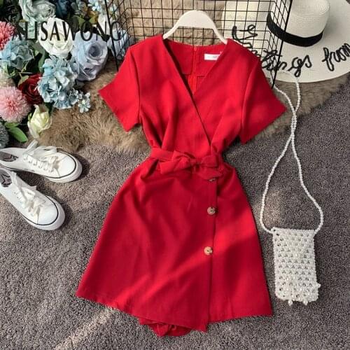 Summer Women Seaside Holiday New V-Neck Short Sleeve Playsuits 2020 Fashion Ladies Bandage Slim Single Breasted Solid Jumpsuits