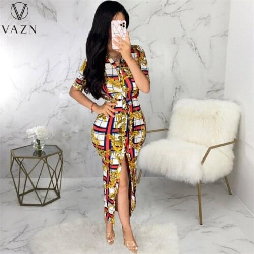 VAZN 2021 Hot List Fancy Young Lady Plaid Print Maxi Dress Retro Full Sleeve Young Vestidos For Female