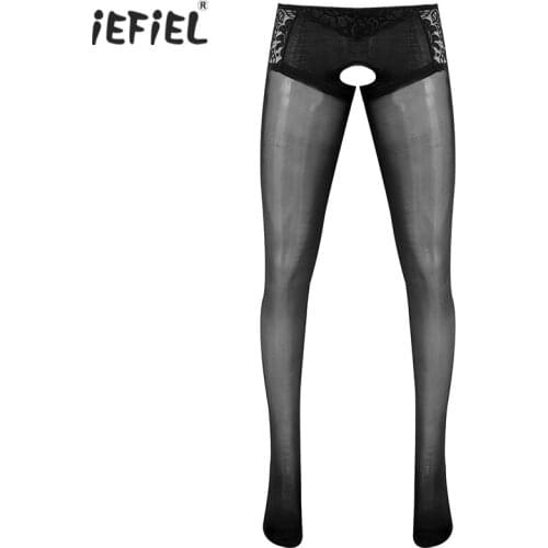 Mens Lingerie Open Crotch Pantyhose Crotchless Sheer Stockings Long Leggings Lace Patchwork Stretchy Sissy Stockings Nightwear