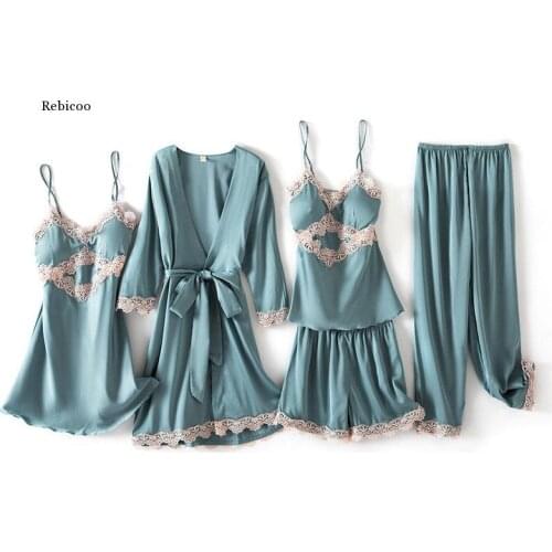 Soft Sleep Set V-Neck Nightwear 5PCS Pajamas Suit Women Sleepwear Flower Strap Nightshirts Sexy Lace Warm Negligee Home Clothes