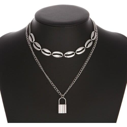 New Double Chain Lock Necklace Women Men Punk Rock Circle Pendant Shell Necklace Vintage Emo Grunge Goth Jewelry Gift