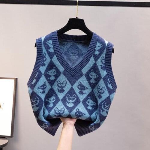 2021 Autumn Women V-neck Vintage Print Short Waistcoat Pullovers Female Tops Knitted Sweater Vest Ladies Fashion Outwear H404