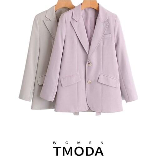 TMODA597 Za Casual Loose Blazer Coat Notched Long Sleeve Single Breasted Pockets New Fashion 2021 Spring Women Jacket Coat
