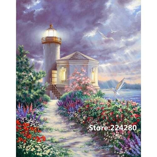 Needlework, Cross stitch,14CT Unprinted for Embroidery kits Seaside Lighthouse Scenery Art Cross-Stitching,DIY Handmade decor