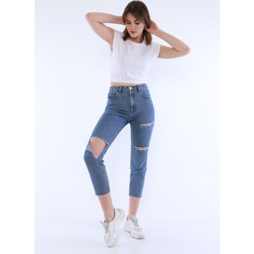 Destroyed Blue Mom Jeans Pant for Women Streetwear Loose Female Denim Jeans Buttons Zipper Ladies Jeans