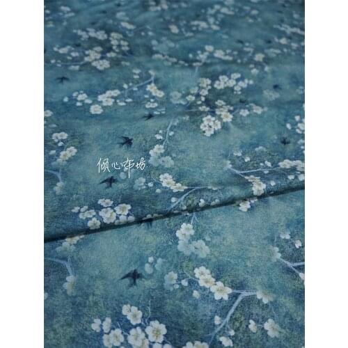 Twill cotton bird flower gray blue Satin silk fabric Satin de soie Satén шелк hanfu cloth DIY patchwork bag