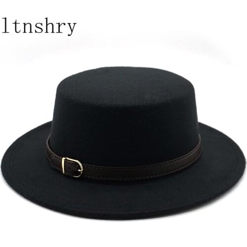 New Retro Winter Autumn women men Top hat Imitation Woolen Felt Fedora Hats Belt buckle Decorated ladies Boater Hat flat brim