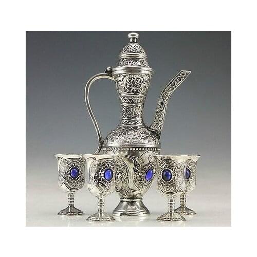 Old Handwork Miao Silver Carved Flower Showily Wine Pot & Noble 4 Wine Cup silver 100% real Tibetan Silver Brassroom