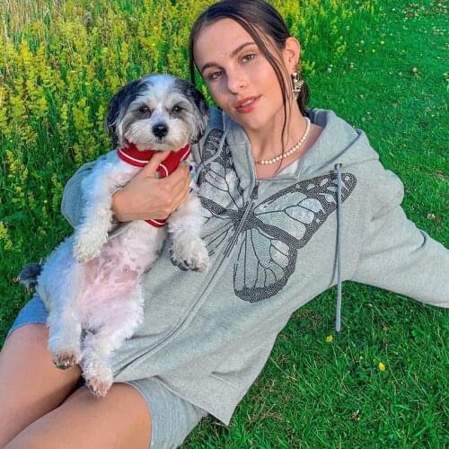 Zip Up Hoodies Y2K Butterfly Graphic Rhinestone E-girl Diamond Long Jacket Sweatshirts Autumn Streetwear 90s Oversized Coat Top