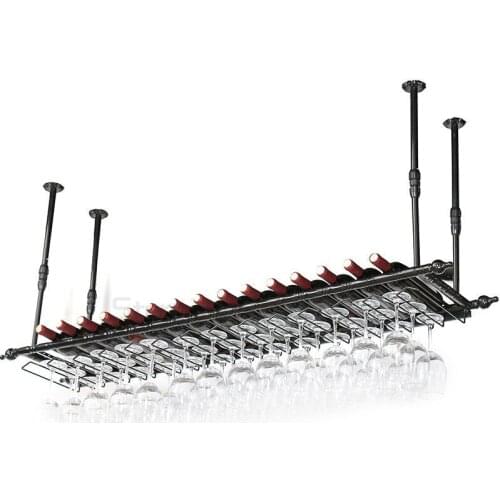 Vintage Bronzed Black Iron Metal Casting Ceiling Hang Upside Down Wine Goblet Holders Tall Glasses Bottle Storage Bar Pub Racks