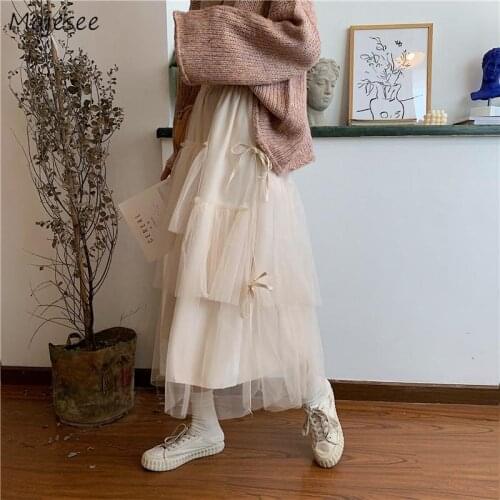 Skirts Women Summer Autumn Elastic High Waist Mesh Bow Korean Ulzzang Fairy Skirt Women Elegant Long Students Simple Basic Cute