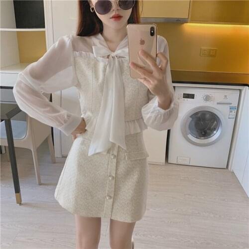 Wenfly Women New Mesh Long Sleeve Patchwork Bow Ruffles Short Blouse High Waist Pearl Button Mini Skirt Two Piece Sets
