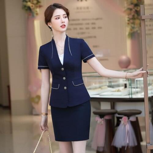 Summer Short Sleeve Formal Women Business Suits with 2 Piece Set Skirt and Tops OL Styles Ladies Office Work Wear Blazers Set