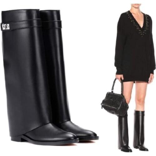 Moraima Snc Flat Boots for Woman Black Leather Knee High Runway Ridinng Boots Round Toe Motorcycle Leather Boots