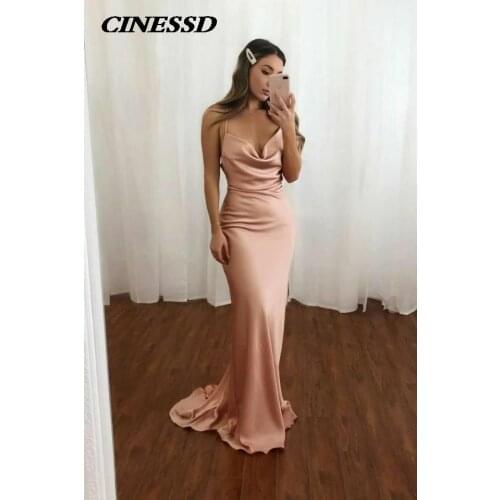 2021 Womens Long Cowel Neck Mermaid Prom Dresses Pink Robe De Soiree Mermaid Sexy Criss Cross Back Formal Party Dresses