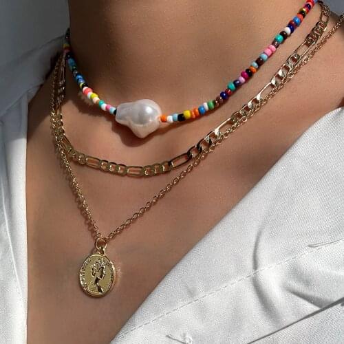 Beach Style Portrait Coin Pendant Necklace Irregular Simulated Pearl Beaded Strand Multilayer Necklaces Women Fashion Jewelry
