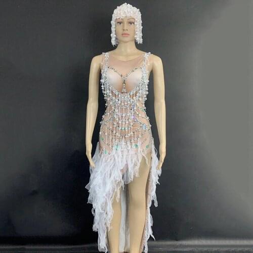 Sexy Nude Tassel Crystal Dress Rhinestone Long Tail Dresses Women Birthday Celebrity Party Wear Singer Stage Outfits DT2942