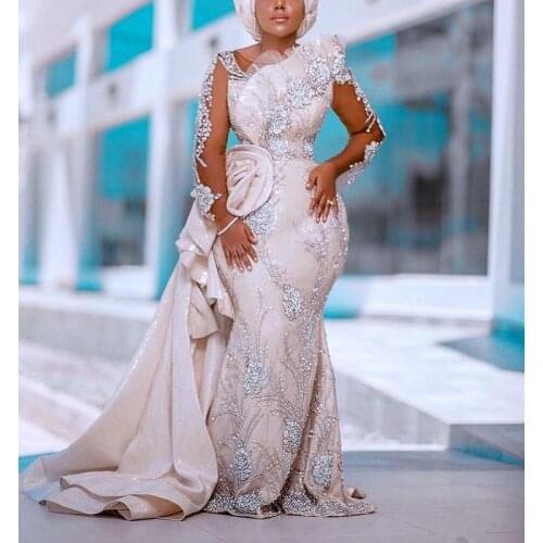 Plus Size Mermaid 2021 Wedding Dresses Bridal Gowns With Detachable Train Lace Appliqued Beaded Arabic Long Sleeve Custom Made