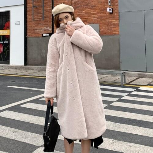 2021 Winter Brand Thick Warm Jacket Women Faux Fur Coat Solid Hooded Long Rabbit Fur Coats Female Lapel Outerwear