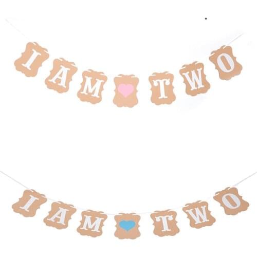 Hot 1Set 15*11cm I Am Two funny Kraft Paper Banner Boy Girl 2 years Birthday Party Decorations Second Bunting Garland blue/pink