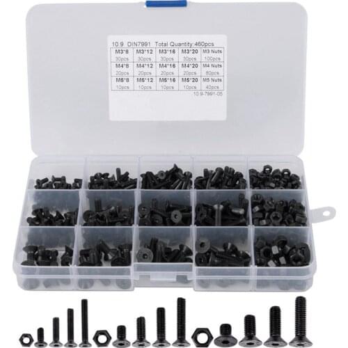 460Pcs M3 M4 M5 Alloy Steel Countersunk Flat Head Hex Socket Cap Screws Nuts Set ortment Kit Precise Metric Bolts Nuts Set