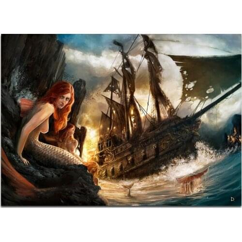 No Frame HD Printing Sailboat and Mermaid Poster Canvas Wall Art Oil Painting Living Room Decor