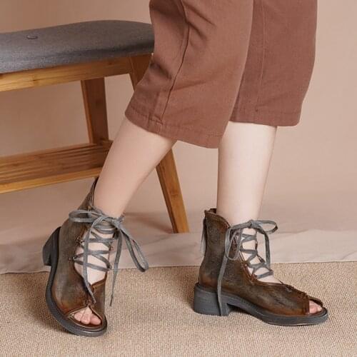 2021 New Summer Women Shoes Female Genuine Leather Platform Sandals Lace-Up Retro Sewing Handmade Concise Ladies Sandalias Mujer