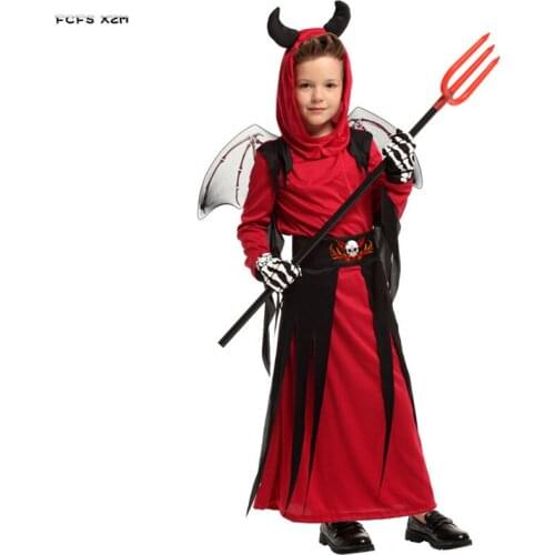 M-XL Red Boys Demon Cosplay Kids Children Halloween Hell Devil Scary Costumes Carnival Purim Stage play Masquerade party dress