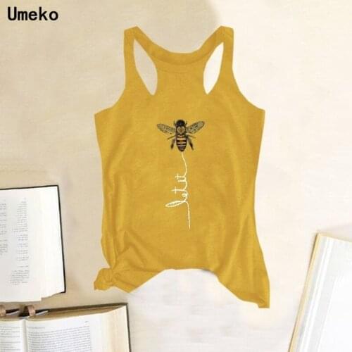 Umeko New Tank Tops Women Summer Sleeveless Bee Letter Print Tank Female Casual Vest Ladies Plus Size 4 Colors Yellow Tops Tee
