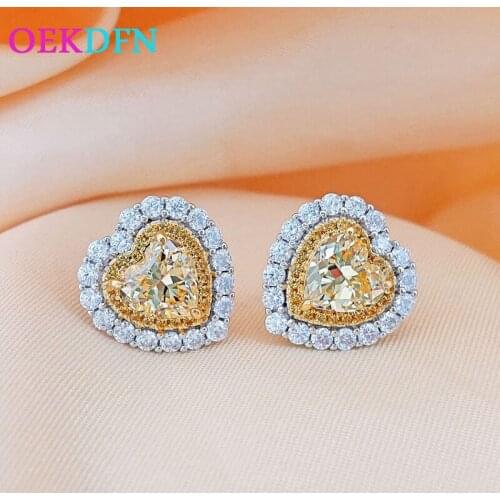 OEKDFN Real 925 Sterling Silver Heart Citrine Created Moissanite Gemstone Wedding Enagement Romantic Studs Earrings Fine Jewelry
