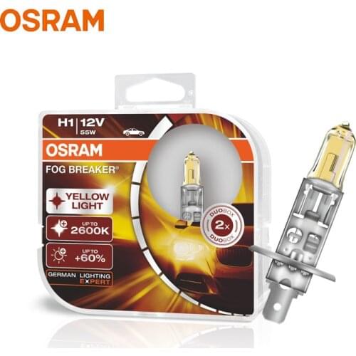 OSRAM H1 Yellow 62150FBR Halogen Fog Breaker 12V 55W Car Original Headlight 2600K Light +60% Brighter Auto Genuine Lamps, Pair