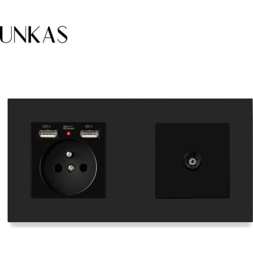 UNKAS PC Plastic Panel French Standard Electric Socket with 2 USB + Female TV Jack Television Connector 172*86mm