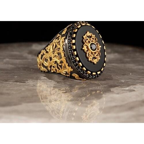 Lapping Plated Onyx Gemstone 925 Sterling Mens Silver Ring