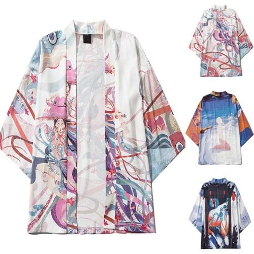 Handsome Casual Loose Kimono Men Shirts Open Front 3/4 Sleeve Japanese Style Print Cover Up Cardigan Vetement Homme 2021