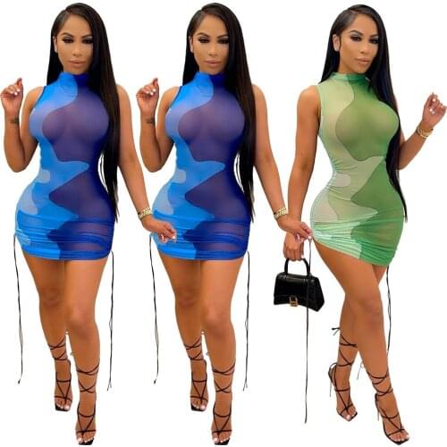 Sexy Sleeveless Mesh Mini Dress Party Clubwear Women See Through Bodycon Dresses Drawstring Drapped Summer Sundresses for 2021