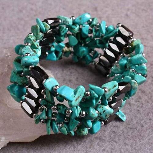 SUNYIK Magnetic Hematite Blue Howlite Stone Chips Beads Bracelet Necklace 30"