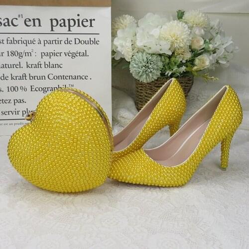 BaoYaFang Gold Pearl Wedding shoes with matching bags heart bags Ladies woman sweet party dress shoe Pointed Toe Pumps fashion