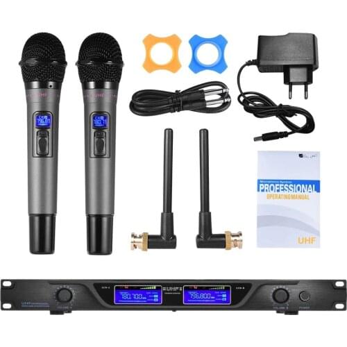 UHF dual channel wireless microphone microphone system with 2 handheld microphones 6.35mm audio cable with display