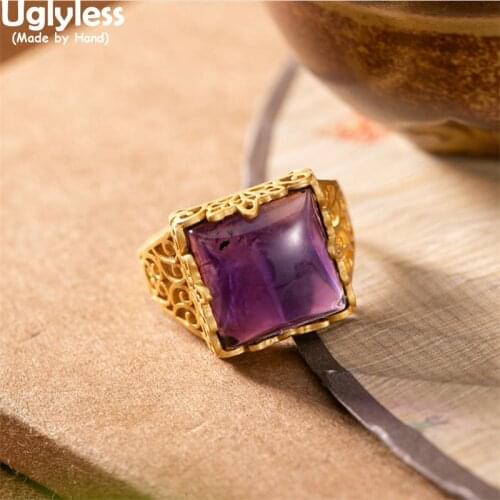 Uglyless Luxury Palace Design Hollow Vines Crowded Gemstones Rings for Women Big Size Square Agate Jade Crystal Rings 925 Silver