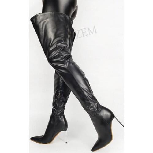 LAIGZEM Women Thigh High Boots Metal High Heels Boots Over Knee Faux Leather Party Shoes Woman Frauen StiefeL Big Size 43 44 47